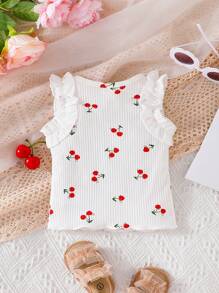 Baby Girl Cherry Print Ruffle Trim Ribbed Knit Tank Top - White - View 2