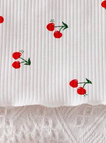 Baby Girl Cherry Print Ruffle Trim Ribbed Knit Tank Top - White - View 5