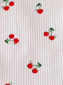 Baby Girl Cherry Print Ruffle Trim Ribbed Knit Tank Top - White - View 6