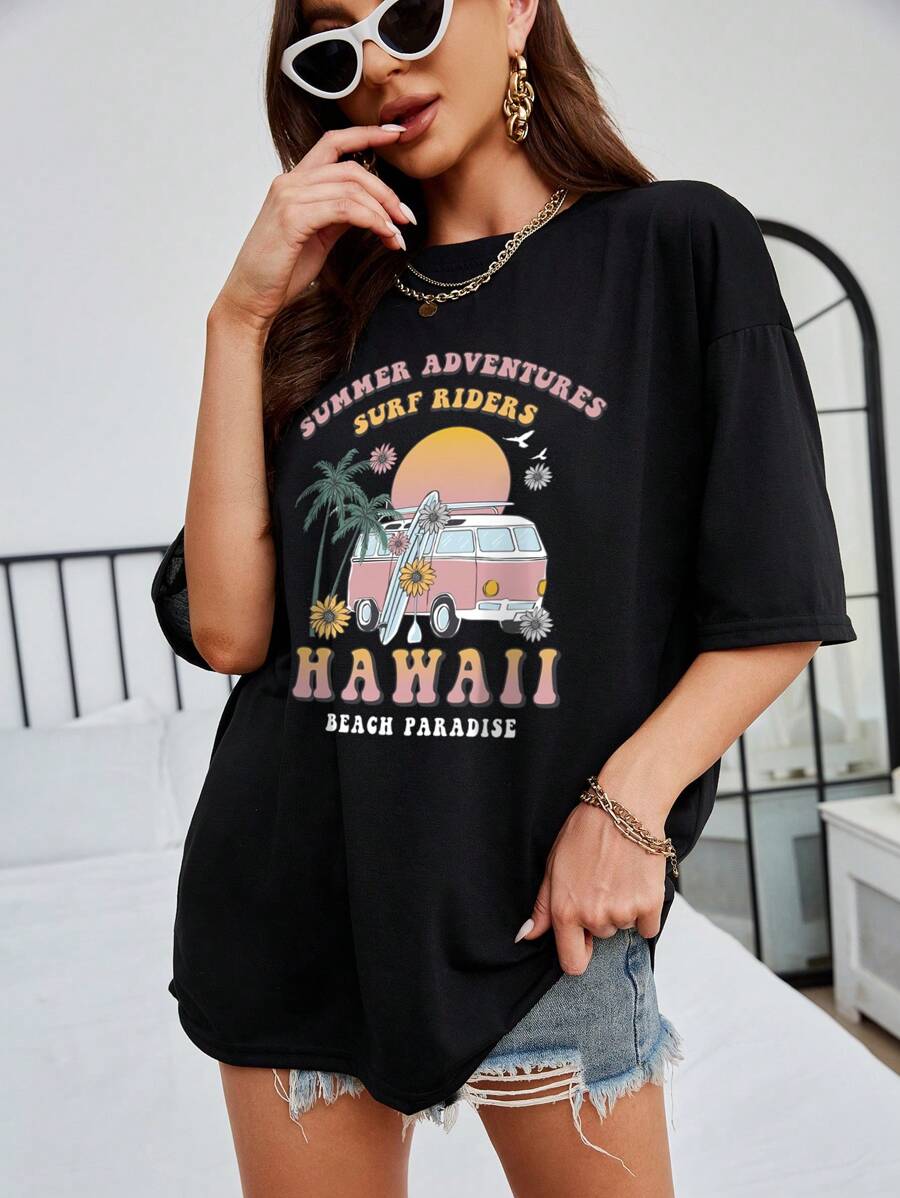 SHEIN EZwear Áo thun nữ Lá thư Nhiệt đới Giải trí - màu đen - Xem 1