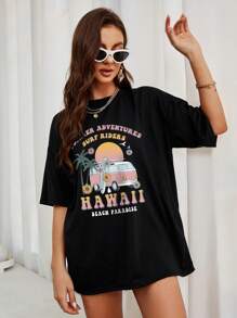 SHEIN EZwear Áo thun nữ Lá thư Nhiệt đới Giải trí - màu đen - Xem 4