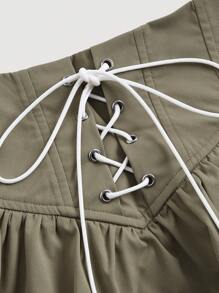 SHEIN MOD Chân váy xòe nhún ren phía trước - xanh quân đội - Xem 4