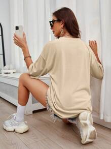 INAWLY Car And Letter Graphic Drop Shoulder Oversized Tee - Apricot - View 2