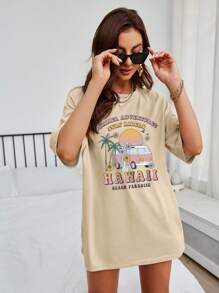 INAWLY Car And Letter Graphic Drop Shoulder Oversized Tee - Apricot - View 4