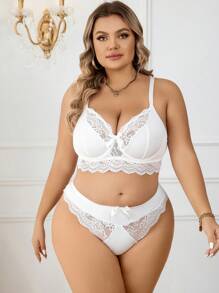 Plus Contrast Lace Lingerie Set, Bra & Panty Set - White - View 3