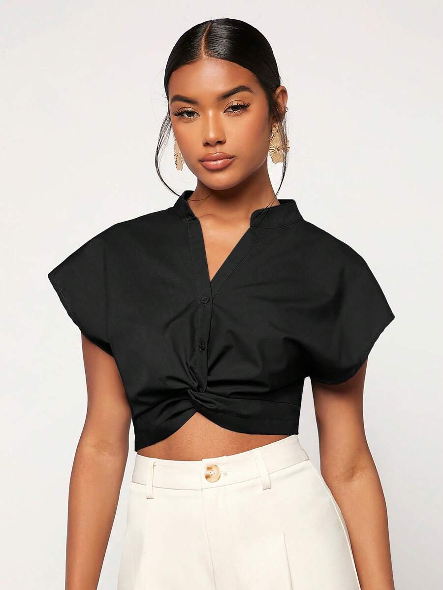 SHEIN Essnce 前扭結蝙蝠袖短款襯衫 - 黑色 - 查看 1