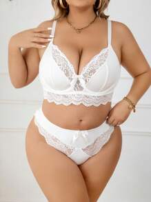 Plus Contrast Lace Lingerie Set, Bra & Panty Set - White - View 4