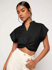 SHEIN Essnce 前扭結蝙蝠袖短款襯衫 - 黑色 - 查看 3
