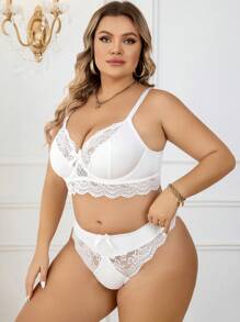 Plus Contrast Lace Lingerie Set, Bra & Panty Set - White - View 6