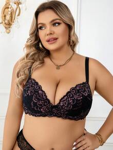 Plus Floral Lace Underwire Bra - Multicolor - View 3