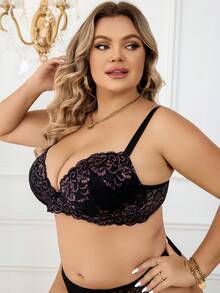 Plus Floral Lace Underwire Bra - Multicolor - View 5