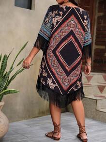 Plus Floral Print Fringe Trim Dress - Black - View 2