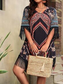 Plus Floral Print Fringe Trim Dress - Black - View 5