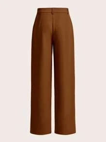 SHEIN MOD Solid Seam Front Straight Leg Trousers - Coffee Brown - View 2