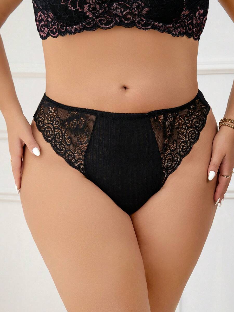 Plus Contrast Lace Panty Lingerie - Black - View 1