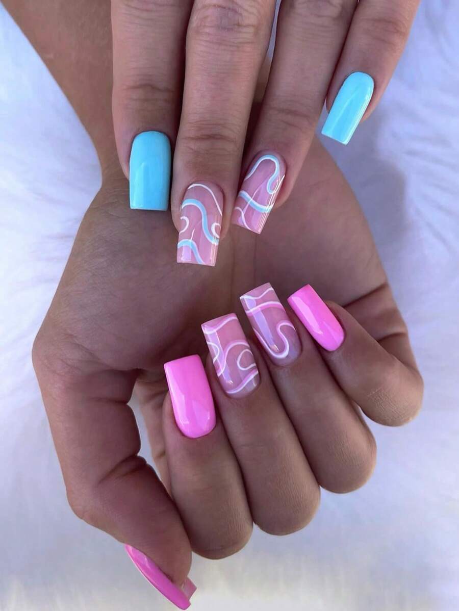 使用24入組長方形條紋雙色全覆蓋假指甲套裝升級您造型 - 紅色 - 查看 1