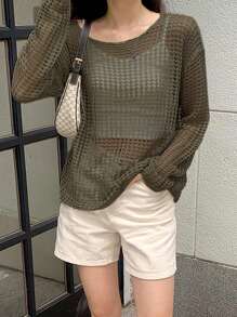 DAZY Solid Drop Shoulder Open Knit Jumper - Army Green - View 3