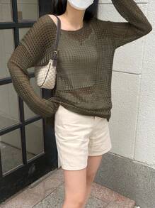 DAZY Solid Drop Shoulder Open Knit Jumper - Army Green - View 5