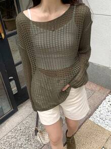 DAZY Solid Drop Shoulder Open Knit Jumper - Army Green - View 6
