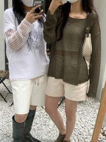 DAZY Solid Drop Shoulder Open Knit Jumper - Army Green - View 7