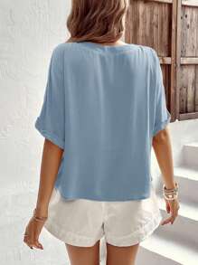 EMERY ROSE 女式纯色简约短袖衬衫，休闲日常穿着 - 霧霾藍 - 查看 3