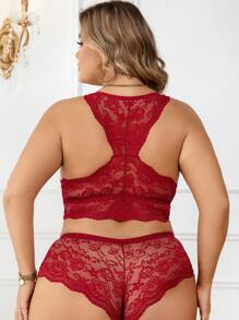 Plus Floral Lace Scallop Trim Lingerie Set - Burgundy - View 2