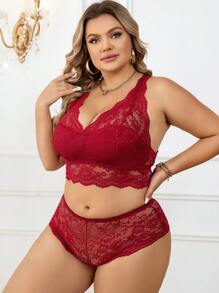 Plus Floral Lace Scallop Trim Lingerie Set - Burgundy - View 3
