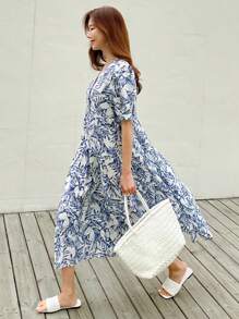 DAZY 满版植物印花泡泡袖罩衫裙太阳裙、教师装