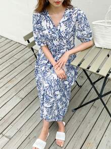 DAZY 满版植物印花泡泡袖罩衫裙太阳裙、教师装