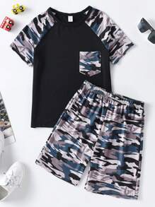 SHEIN Boys Camo Print Raglan Sleeve Tee & Shorts - Multicolor - View 1