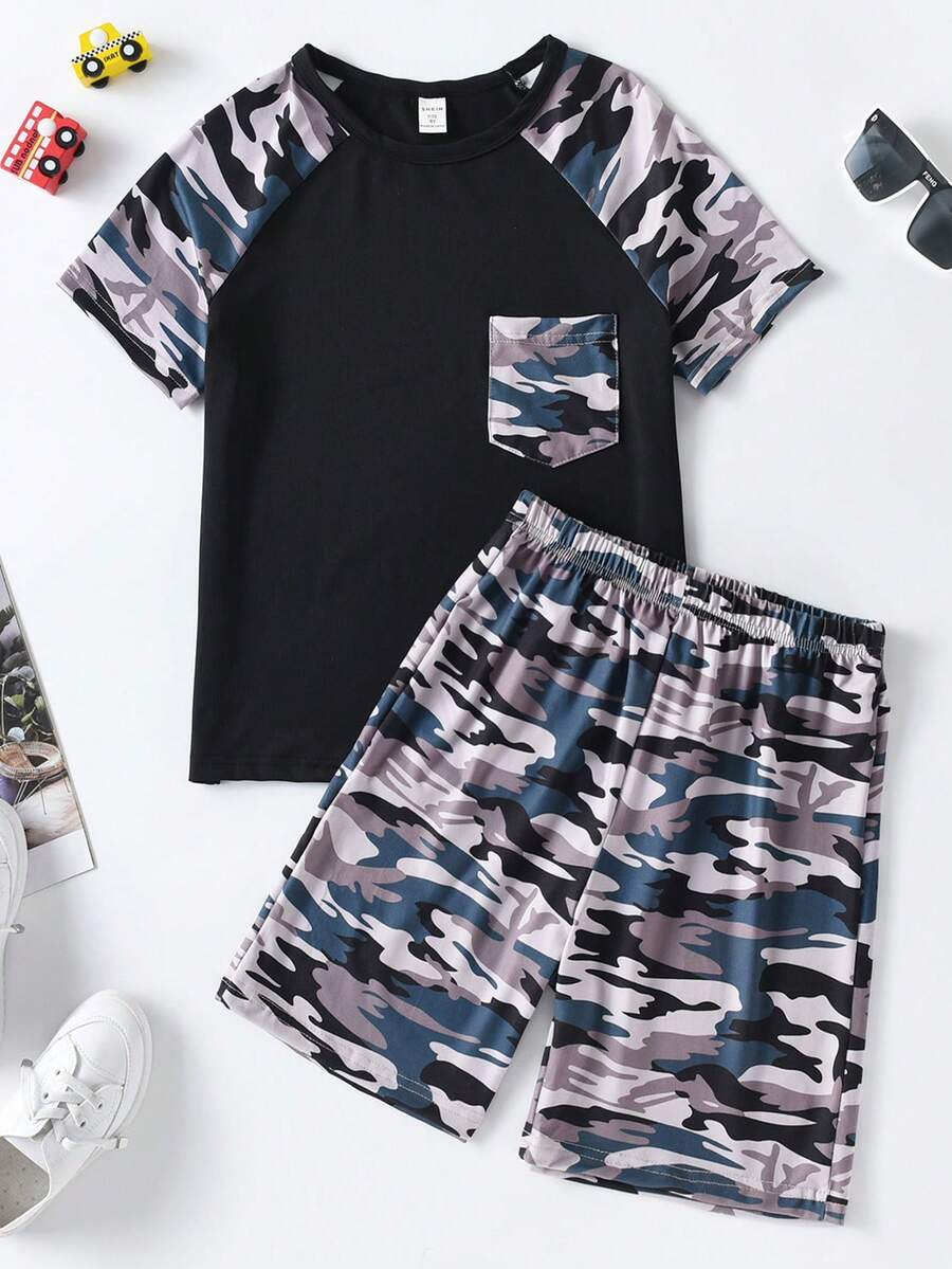 SHEIN Boys Camo Print Raglan Sleeve Tee & Shorts - Multicolor - View 1