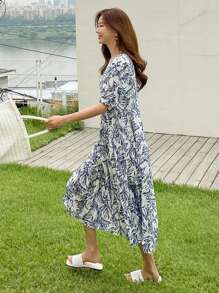 DAZY 满版植物印花泡泡袖罩衫裙太阳裙、教师装