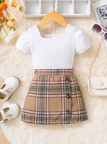SHEIN 嬰兒泡泡袖T恤和格紋印花紐扣細節半身裙 - 彩色 - 查看 1