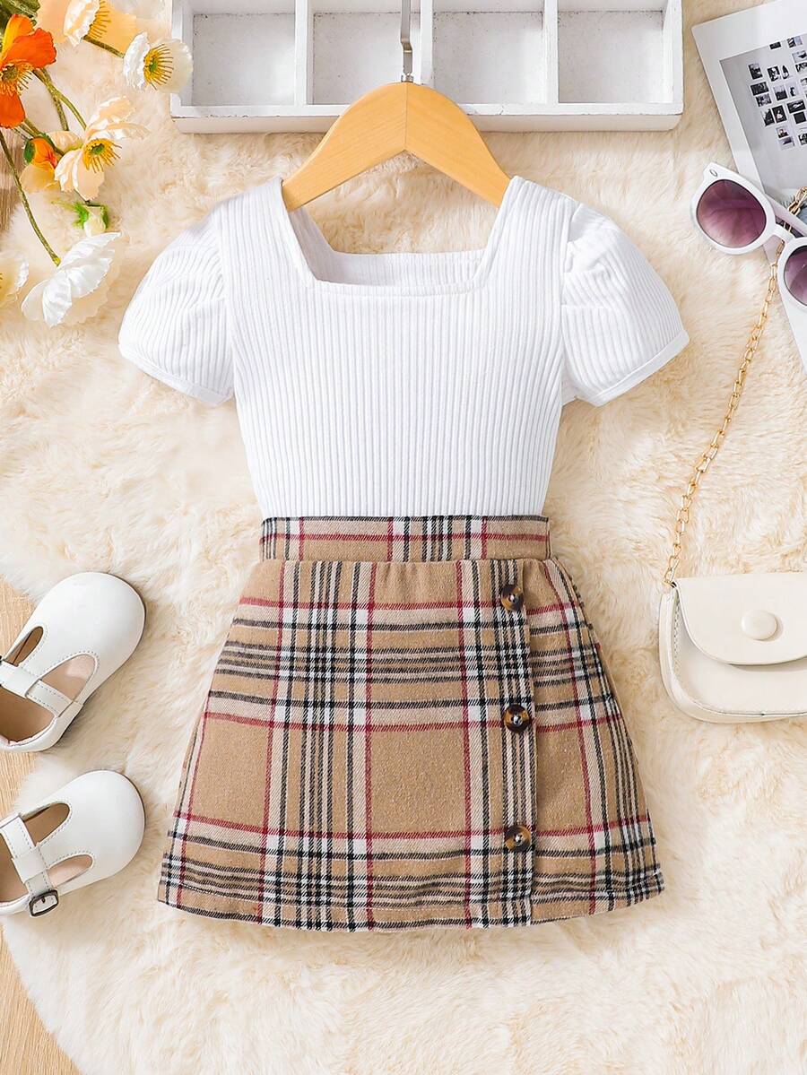 SHEIN 嬰兒泡泡袖T恤和格紋印花紐扣細節半身裙 - 彩色 - 查看 1