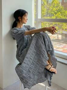 DAZY Gingham Print Puff Sleeve Dress Sundress - Black and White - View 1