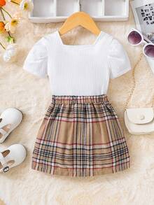 SHEIN 嬰兒泡泡袖T恤和格紋印花紐扣細節半身裙 - 彩色 - 查看 2