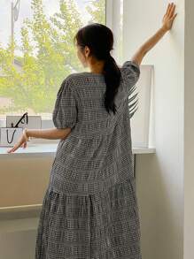 DAZY Gingham Print Puff Sleeve Dress Sundress - Black and White - View 2