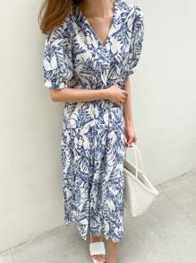 DAZY 满版植物印花泡泡袖罩衫裙太阳裙、教师装