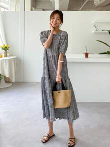 DAZY Gingham Print Puff Sleeve Dress Sundress - Black and White - View 5