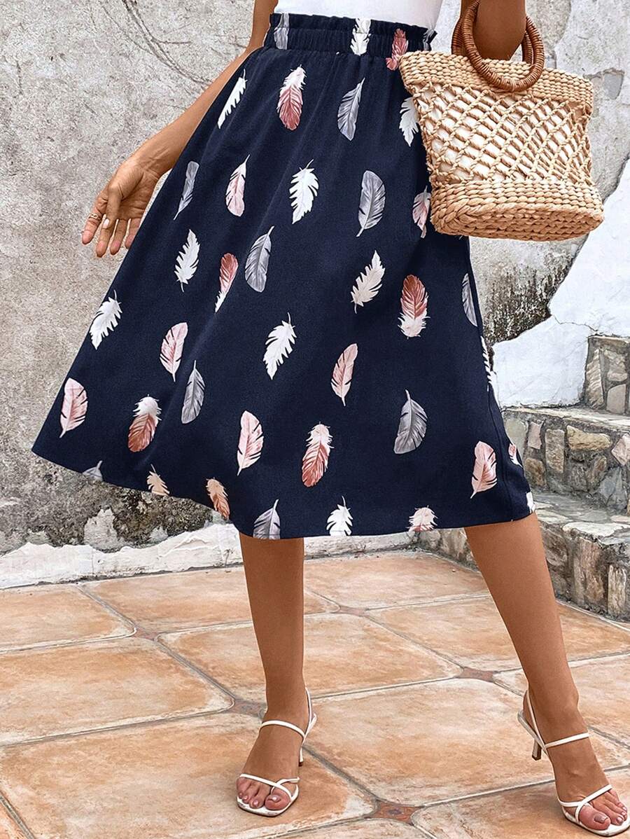 SHEIN Clasi Feather Print Paperbag Waist Skirt - Navy Blue - View 1