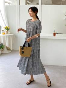 DAZY Gingham Print Puff Sleeve Dress Sundress - Black and White - View 7