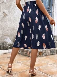 SHEIN Clasi Feather Print Paperbag Waist Skirt - Navy Blue - View 2