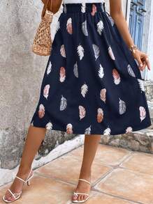 SHEIN Clasi Feather Print Paperbag Waist Skirt - Navy Blue - View 4