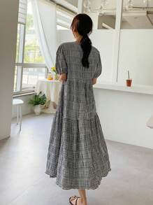 DAZY Gingham Print Puff Sleeve Dress Sundress - Black and White - View 9