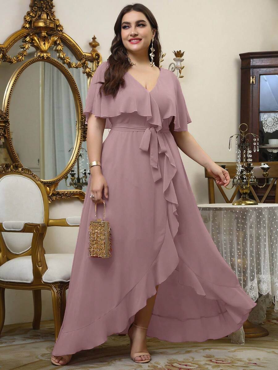 UNITHORSE Plus Ruffle Trim Wrap Belted Chiffon Dress