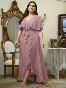 UNITHORSE Plus Ruffle Trim Wrap Belted Chiffon Dress - Pink - View 4