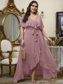 UNITHORSE Plus Ruffle Trim Wrap Belted Chiffon Dress - Pink - View 5