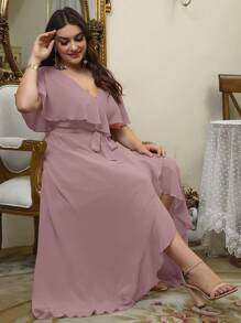 UNITHORSE Plus Ruffle Trim Wrap Belted Chiffon Dress - Pink - View 6