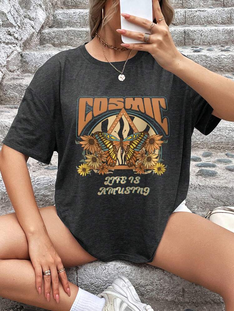 SHEIN EZwear 大碼蝴蝶和字母圖案落肩T恤 - 深灰色 - 查看 1