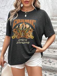 SHEIN EZwear Áo thun Plus size Lá thư Loại bướm Giải trí - Màu xám đen - Xem 3